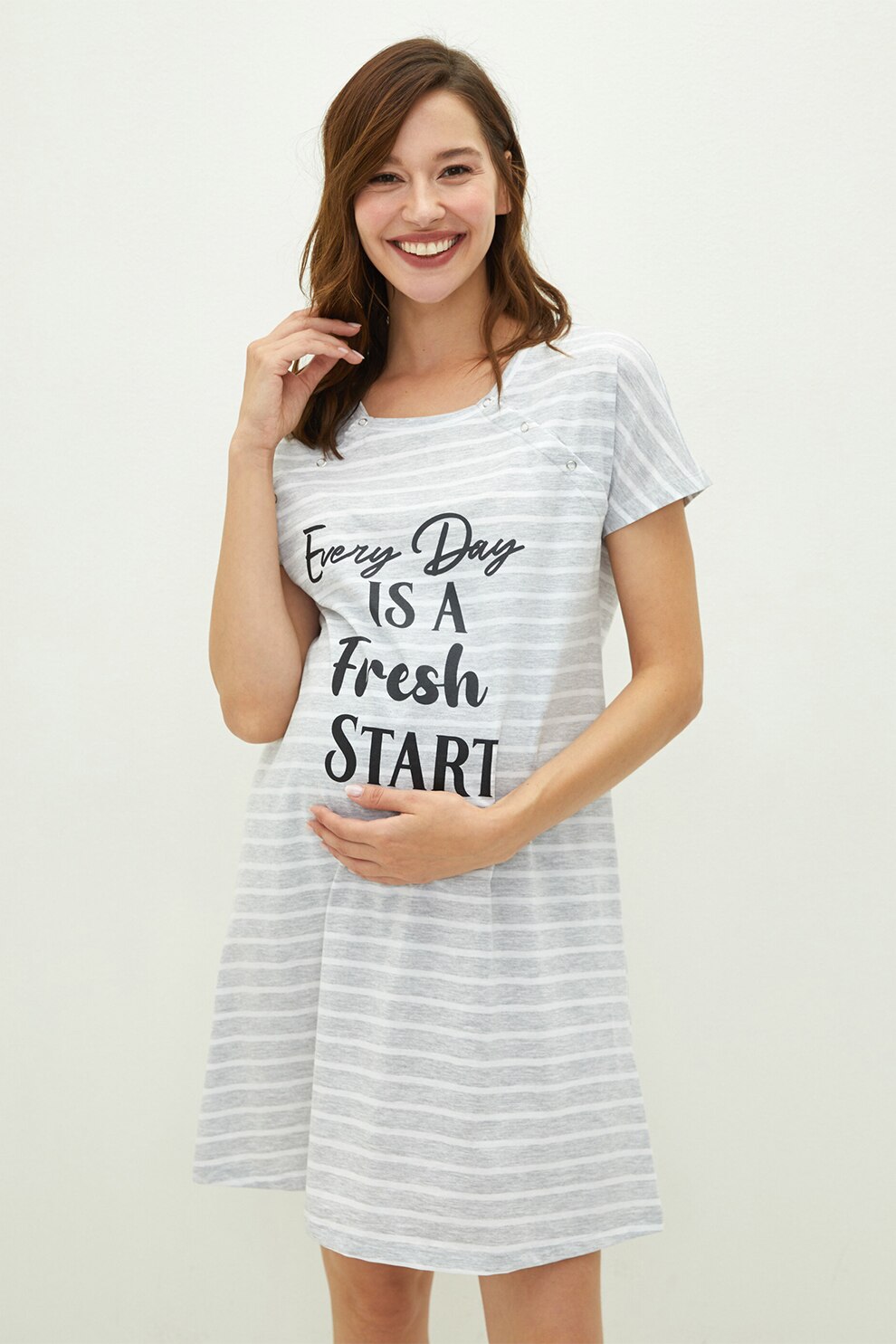 LC WAIKIKI, Camasa de noapte cu imprimeu cu mesaj pentru gravide, Gri melange