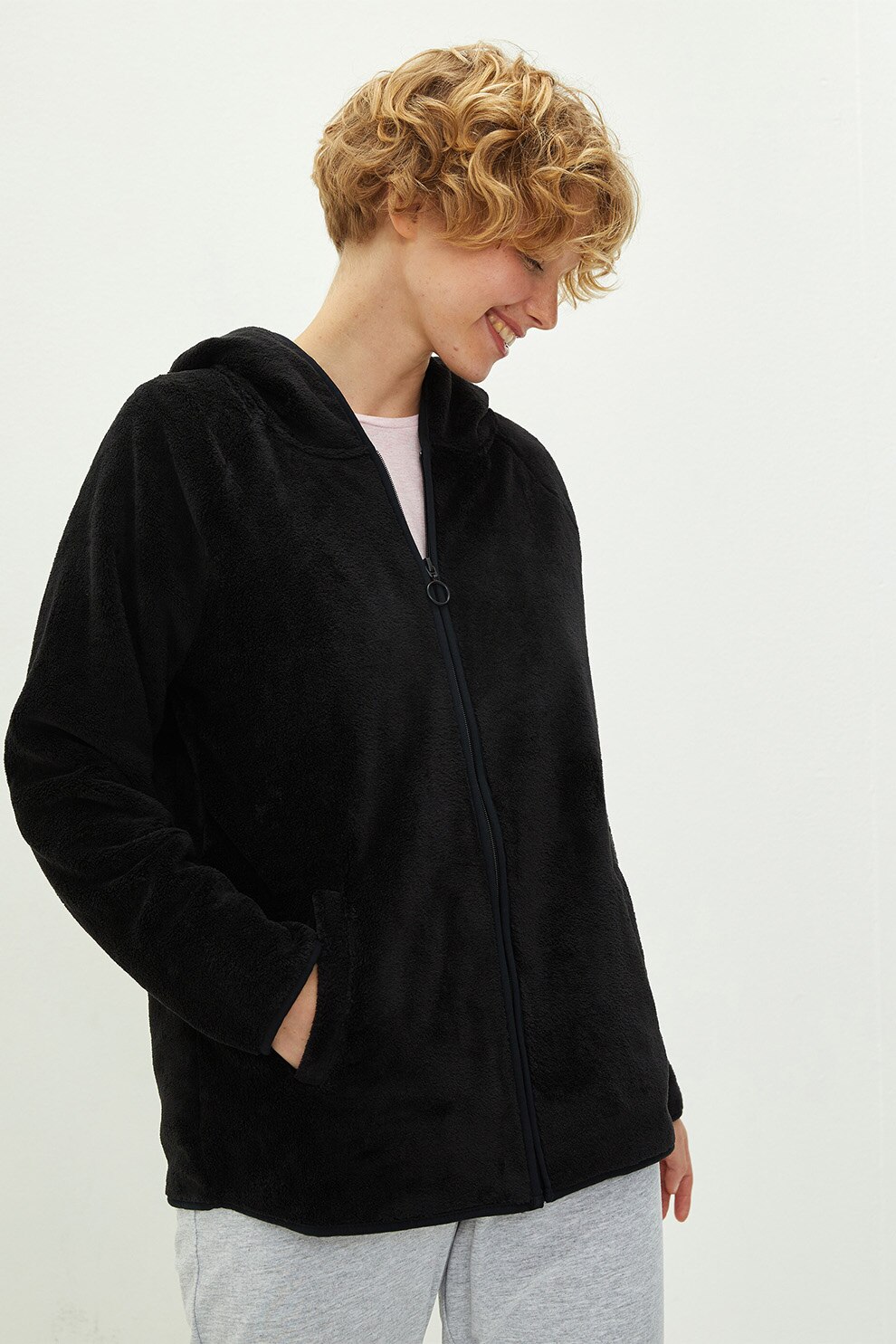 LC WAIKIKI, Hanorac pufos de casa cu fermoar, Negru, 2XL