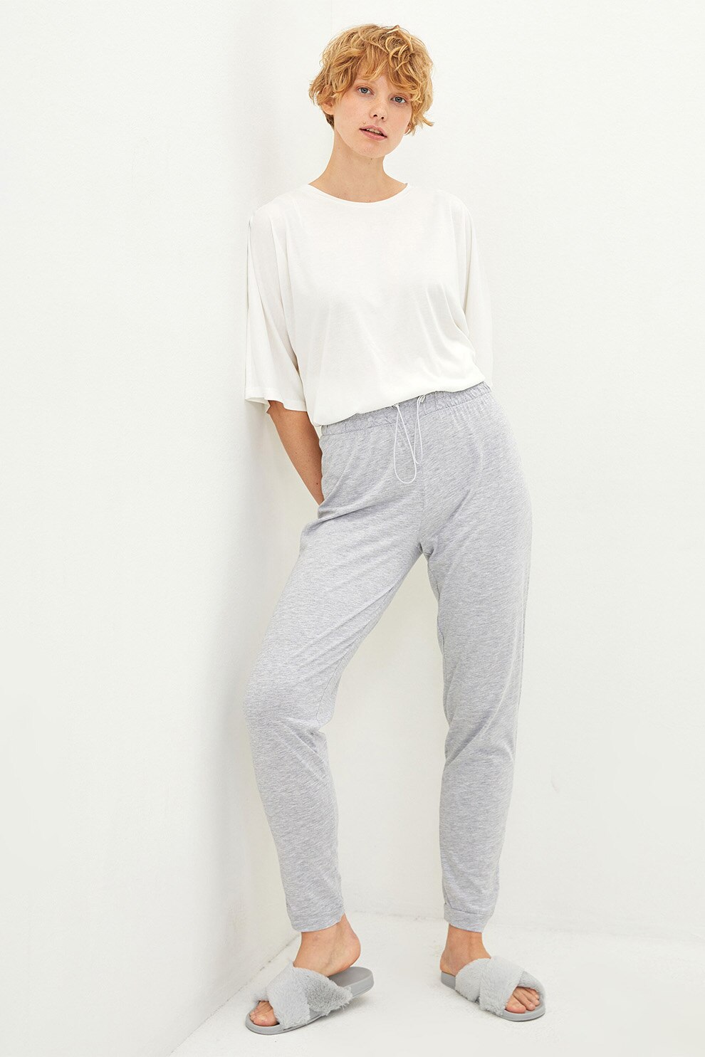 LC WAIKIKI, Pantaloni de pijama din amestec de modal cu snur, Gri melange