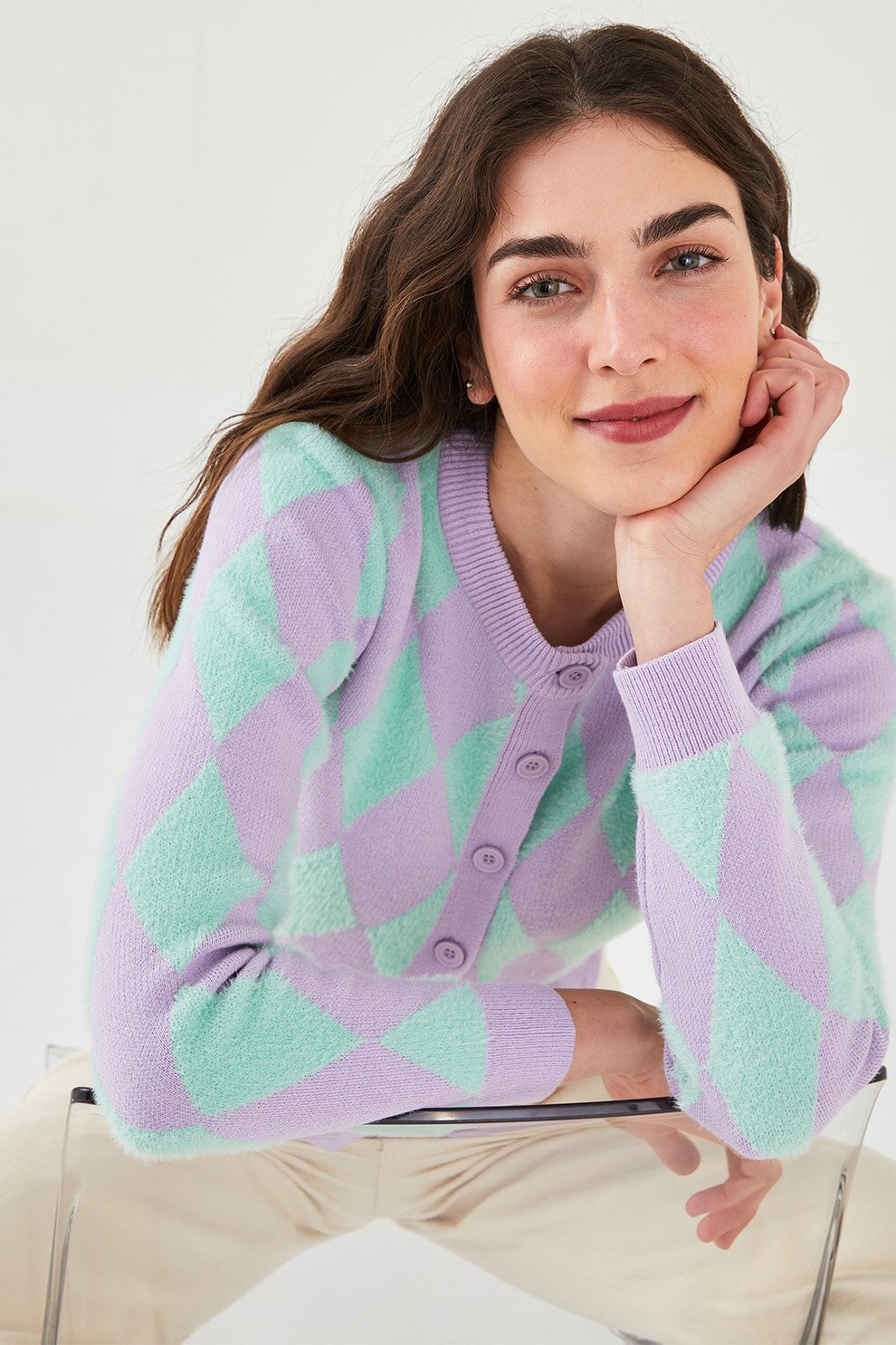 LC WAIKIKI, Cardigan in carouri cu decolteu la baza gatului, Lila/Albastru aqua