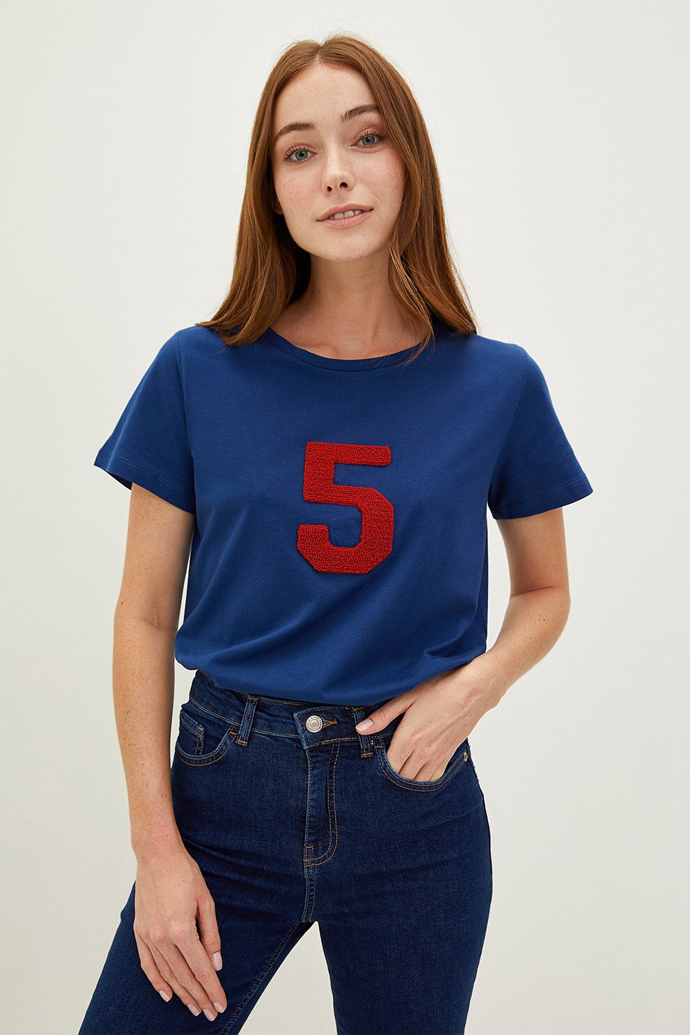 LC WAIKIKI, Tricou de bumbac cu detaliu text, Bleumarin