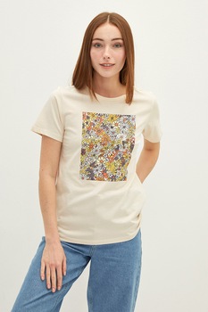 LC WAIKIKI, Tricou cu decolteu la baza gatului si imprimeu floral, Bej LC WAIKIKI, Tricou cu decolteu la baza gatului si imprimeu floral, Bej