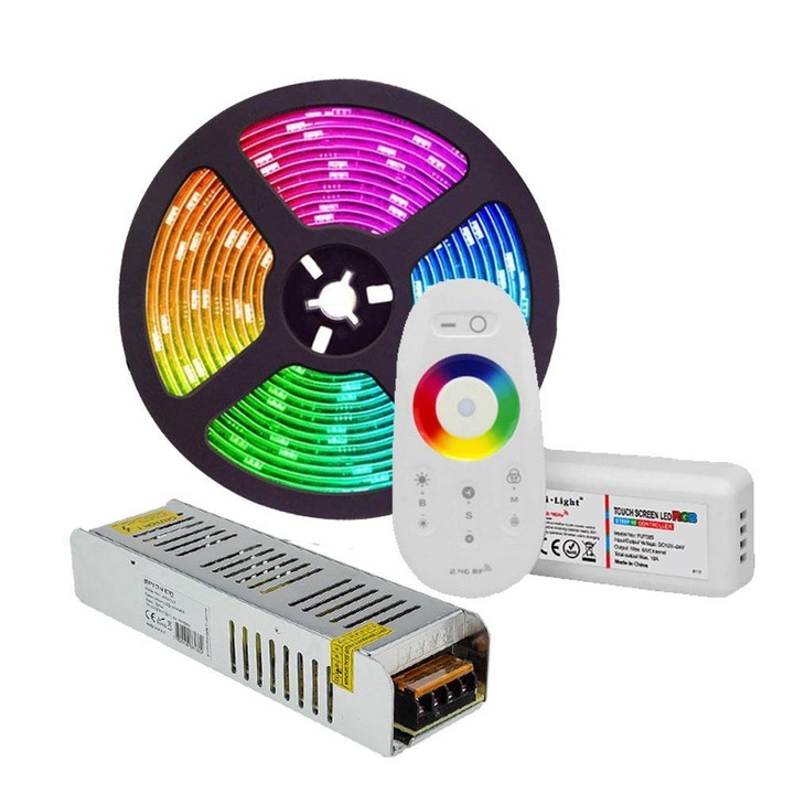 Kit banda Led RGB SMD 5050 60 led/m 10m 24V, controller touch, sursa de curent si cablu alimentare priza