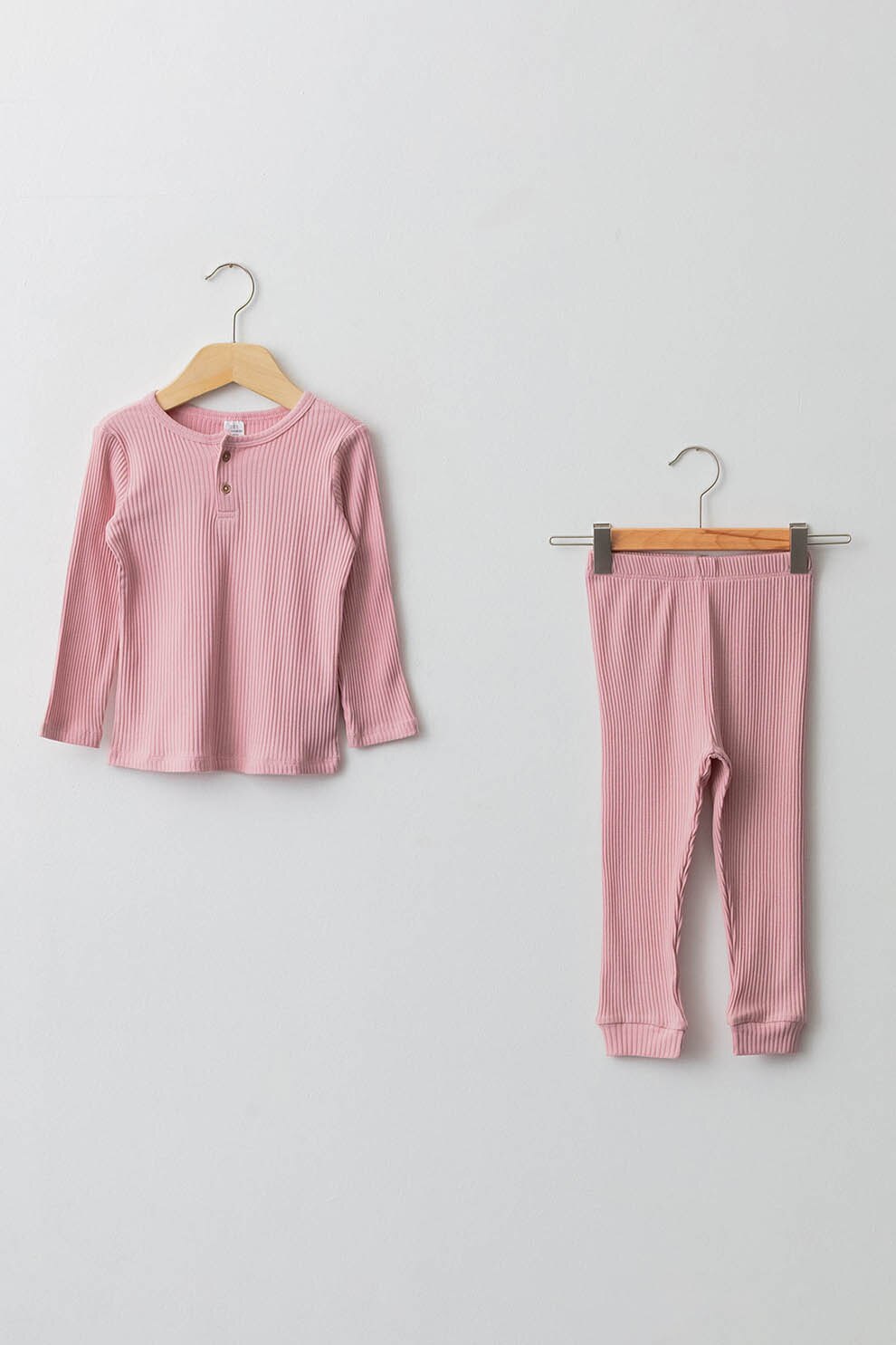 LC WAIKIKI, Pijama cu aspect striat si fenta cu nasturi, Roz prafuit