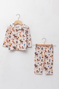 LC WAIKIKI, Pijama cu nasturi si model grafic, Bej/Maro LC WAIKIKI, Pijama cu nasturi si model grafic, Bej/Maro