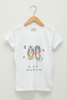 LC WAIKIKI, Tricou cu decolteu la baza gatului si imprimeu grafic, Alb LC WAIKIKI, Tricou cu decolteu la baza gatului si imprimeu grafic, Alb