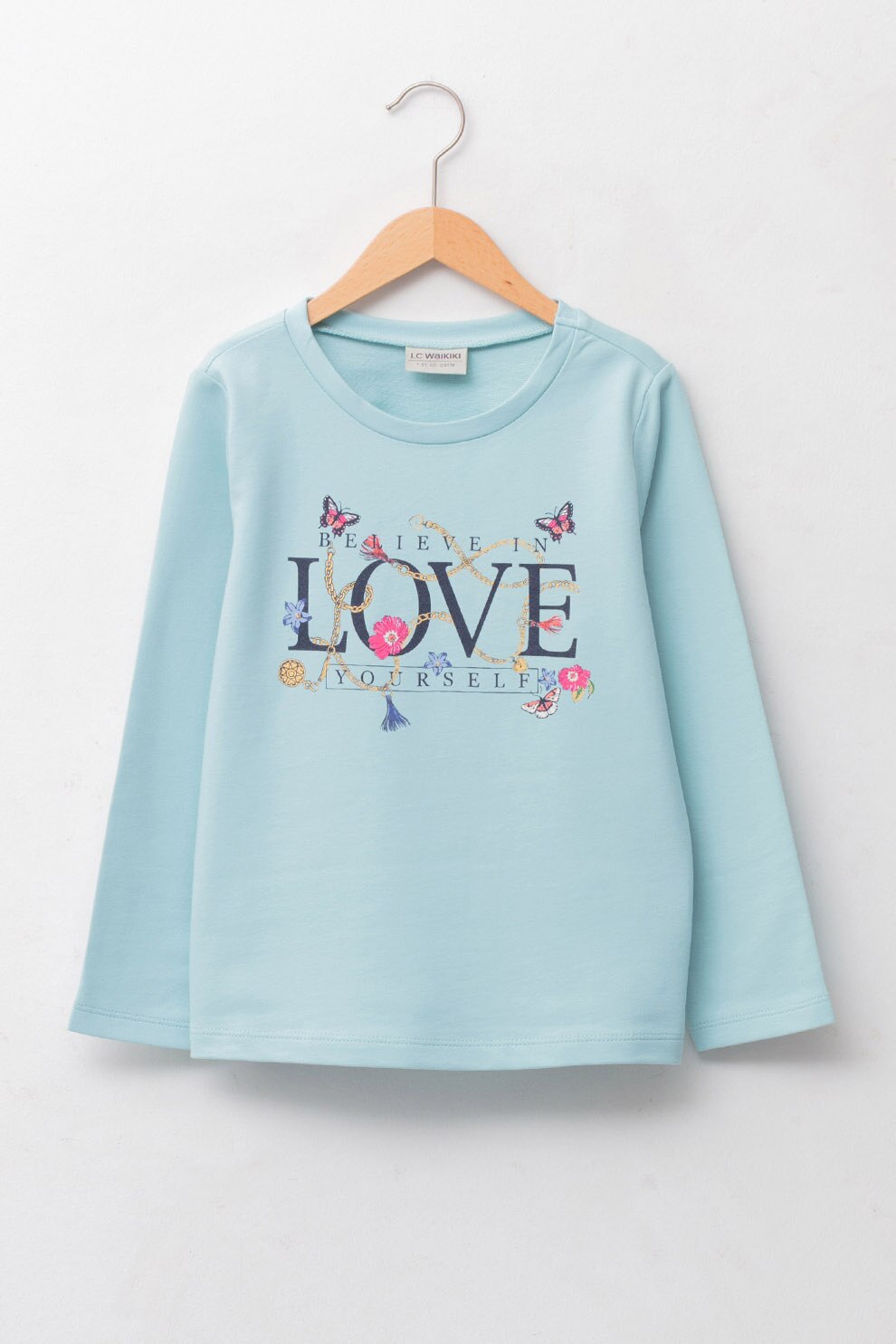 LC WAIKIKI, Bluza din jerseu cu decolteu la baza gatului si imprimeu, Albastru pastel