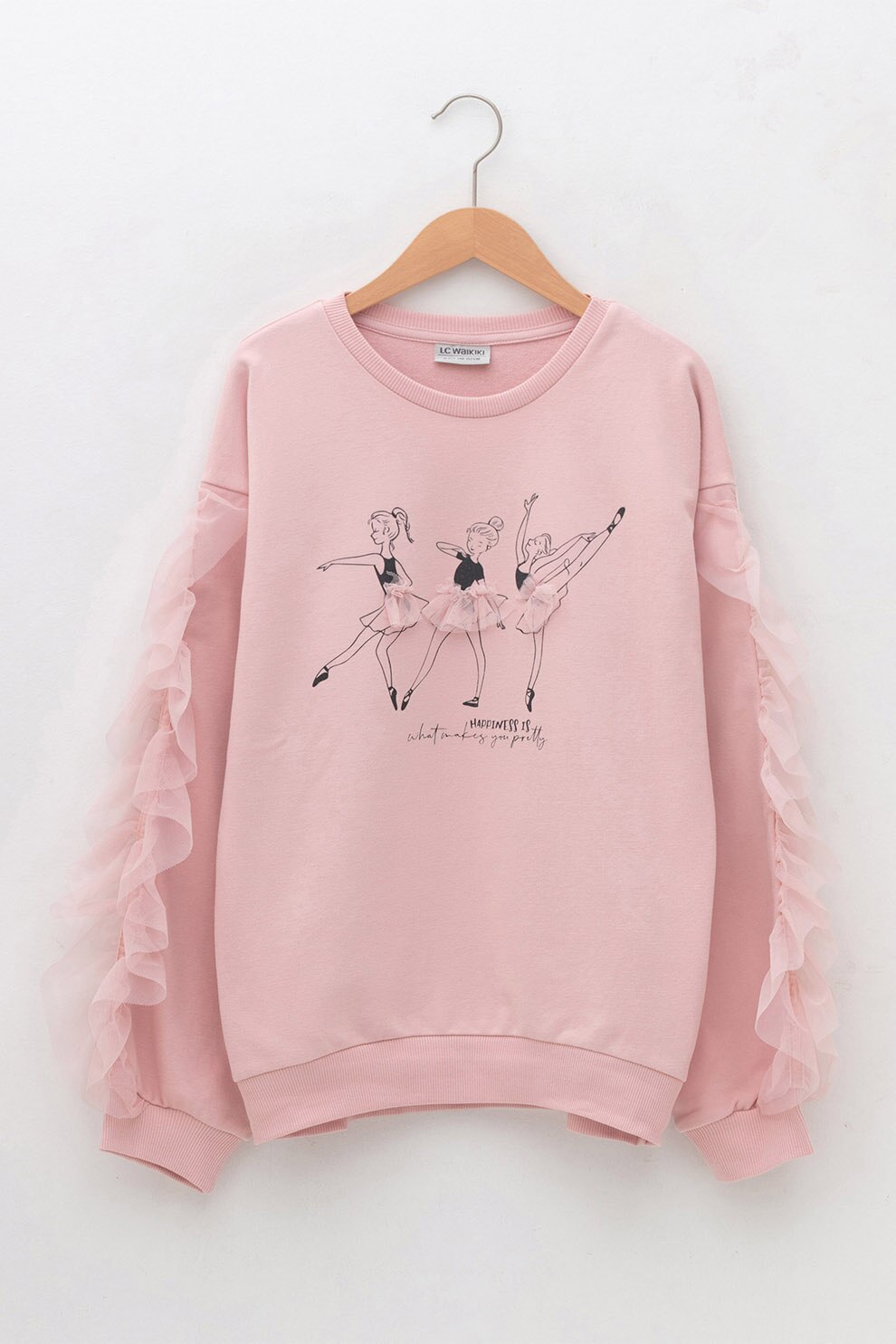 LC WAIKIKI, Bluza sport cu imprimeu si volane semitransparente, Roz pastel