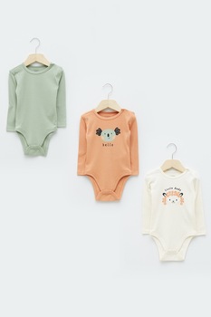 LC WAIKIKI, Set de bodyuri cu maneci lungi si imprimeu - 3 piese, Bej/Roz somon LC WAIKIKI, Set de bodyuri cu maneci lungi si imprimeu - 3 piese, Bej/Roz somon