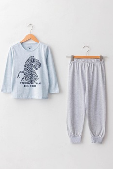 LC WAIKIKI, Pijama din amestec de bumbac cu imprimeu, Albastru melange LC WAIKIKI, Pijama din amestec de bumbac cu imprimeu, Albastru melange