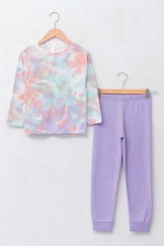 LC WAIKIKI, Pijama cu decolteu la baza gatului si model tie-dye, Lila LC WAIKIKI, Pijama cu decolteu la baza gatului si model tie-dye, Lila