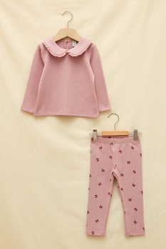 LC WAIKIKI, Set de bluza cu guler Peter Pan si colanti - 2 piese, Roz prafuit LC WAIKIKI, Set de bluza cu guler Peter Pan si colanti - 2 piese, Roz prafuit