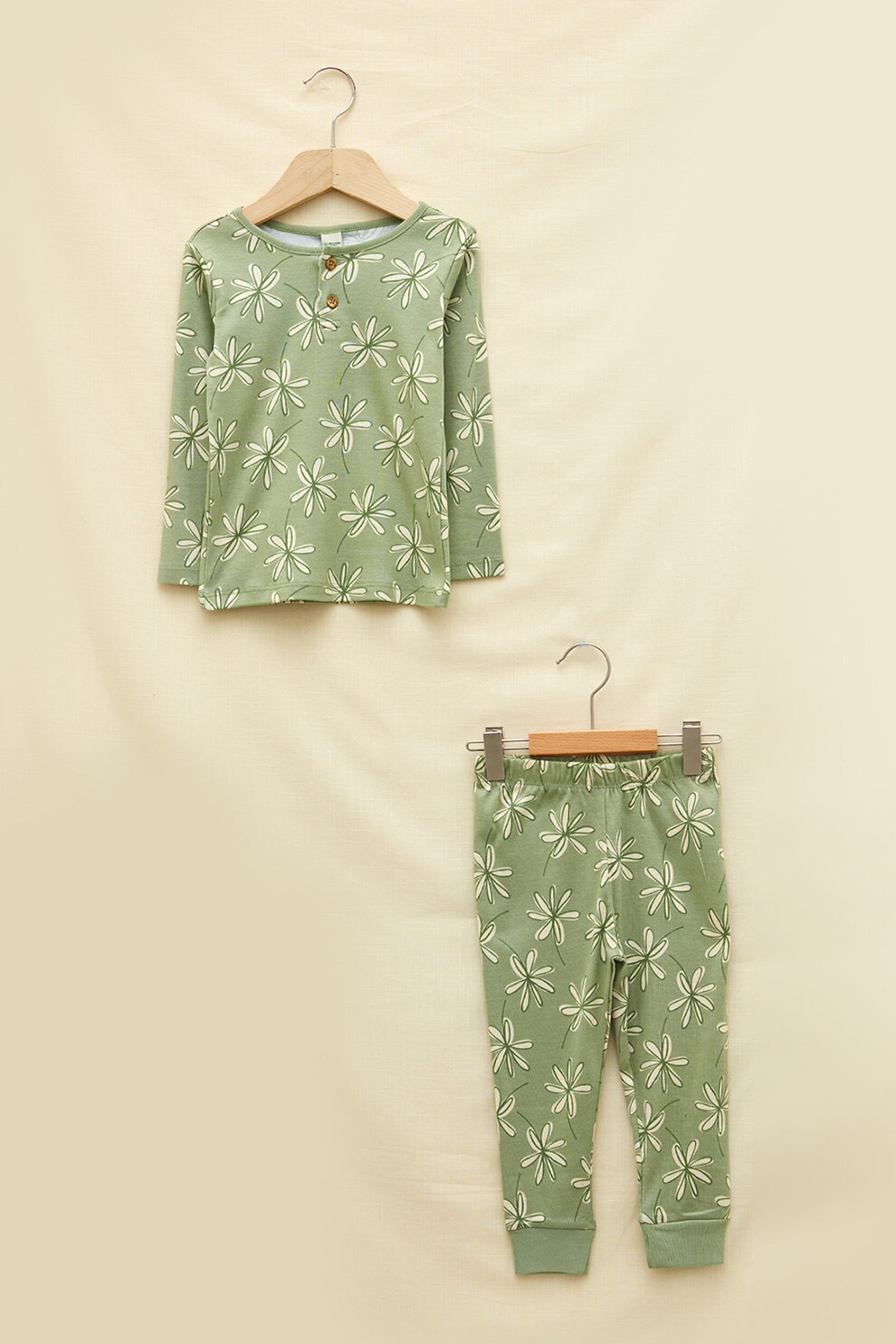 LC WAIKIKI, Pijama de bumbac cu model floral, Verde