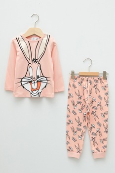LC WAIKIKI, Pijama de bumbac cu imprimeu grafic, Roz somon LC WAIKIKI, Pijama de bumbac cu imprimeu grafic, Roz somon