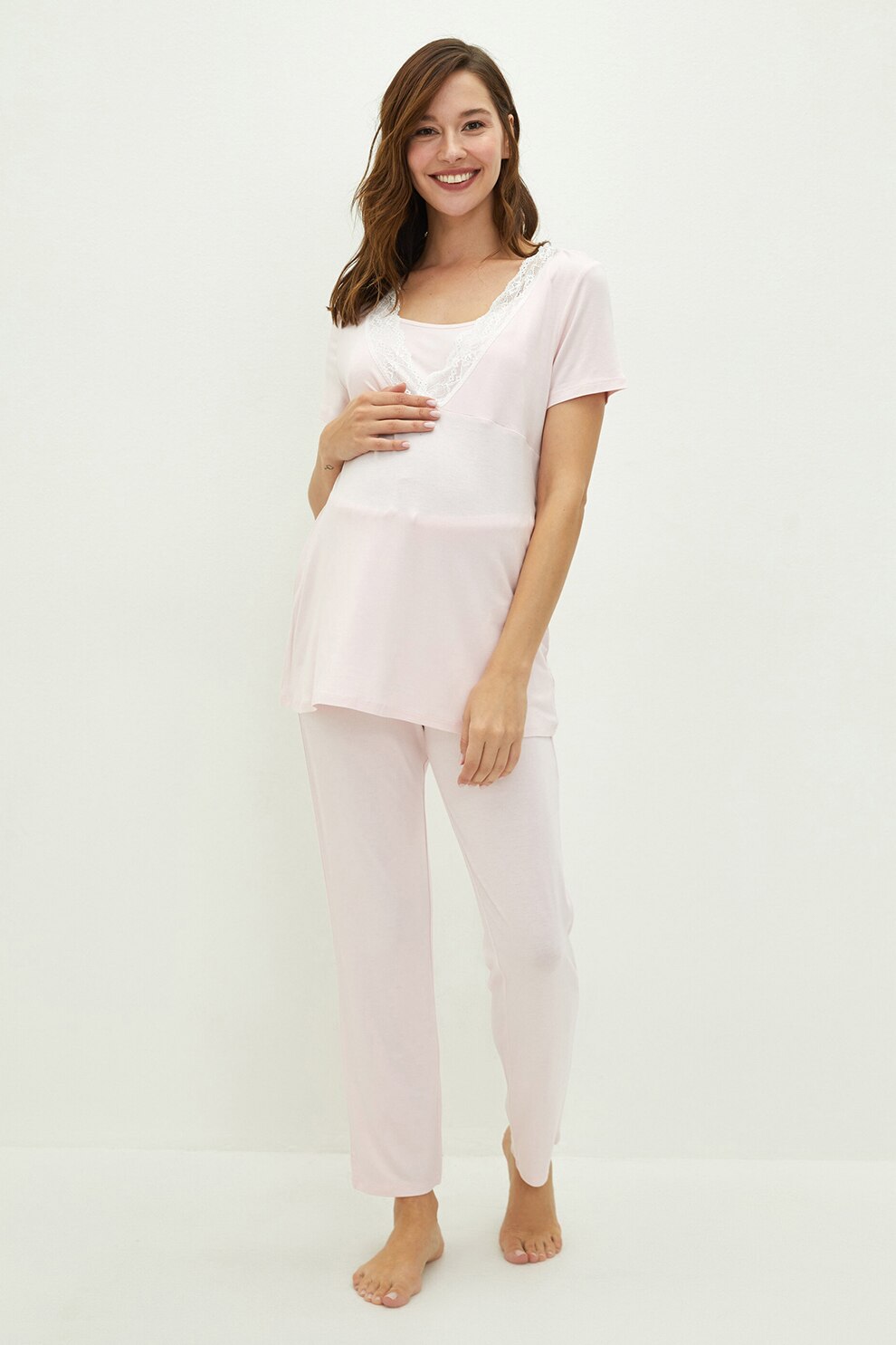 LC WAIKIKI, Pijama cu insertii din dantela, Roz pal