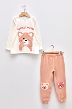 LC WAIKIKI, Pijama cu model brodat, Alb/Roz somon LC WAIKIKI, Pijama cu model brodat, Alb/Roz somon