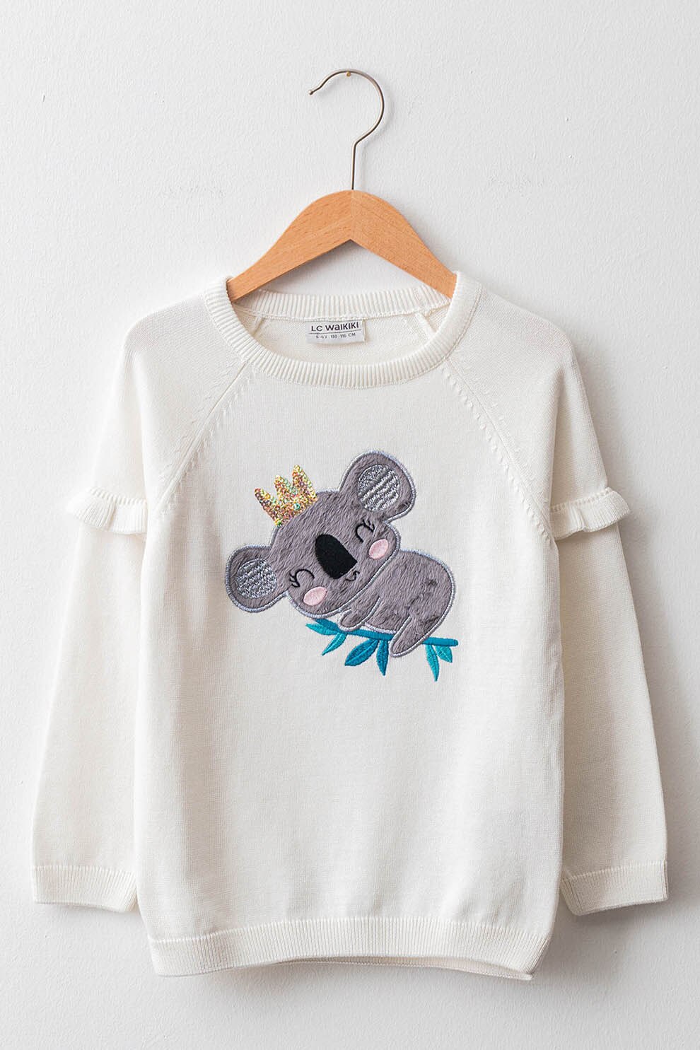 LC WAIKIKI, Bluza tricotata fin cu imprimeu cu koala, Alb/Gri