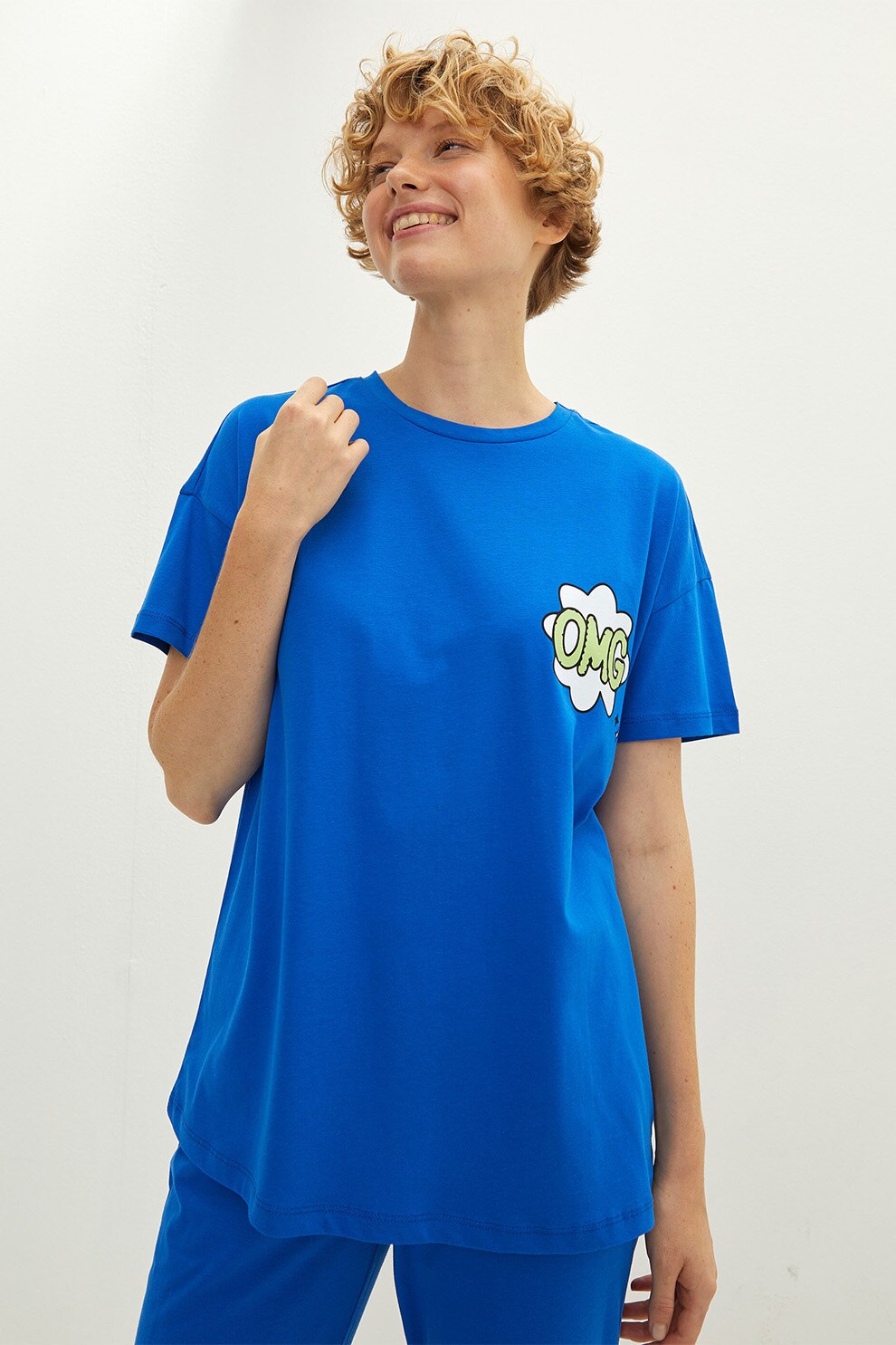 LC WAIKIKI, Tricou si pantaloni de pijama, din bumbac, Albastru