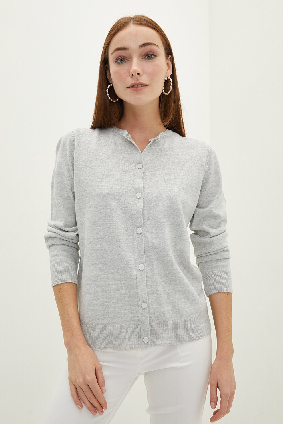 LC WAIKIKI, Cardigan cu nasturi si aspect tricotat fin, Gri melange, 3XL