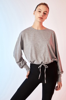 LC WAIKIKI, Bluza sport crop cu snur la terminatie, Gri antracit LC WAIKIKI, Bluza sport crop cu snur la terminatie, Gri antracit