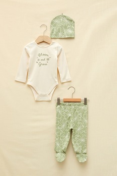 LC WAIKIKI, Set de imbracaminte cu model vegetal - 3 piese, Bej/Verde pal LC WAIKIKI, Set de imbracaminte cu model vegetal - 3 piese, Bej/Verde pal