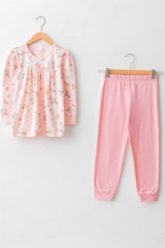 LC WAIKIKI, Pijama de bumbac cu model grafic si buline, Roz LC WAIKIKI, Pijama de bumbac cu model grafic si buline, Roz