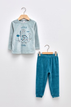 LC WAIKIKI, Pijama de velur cu motive dinozaur, Albastru LC WAIKIKI, Pijama de velur cu motive dinozaur, Albastru