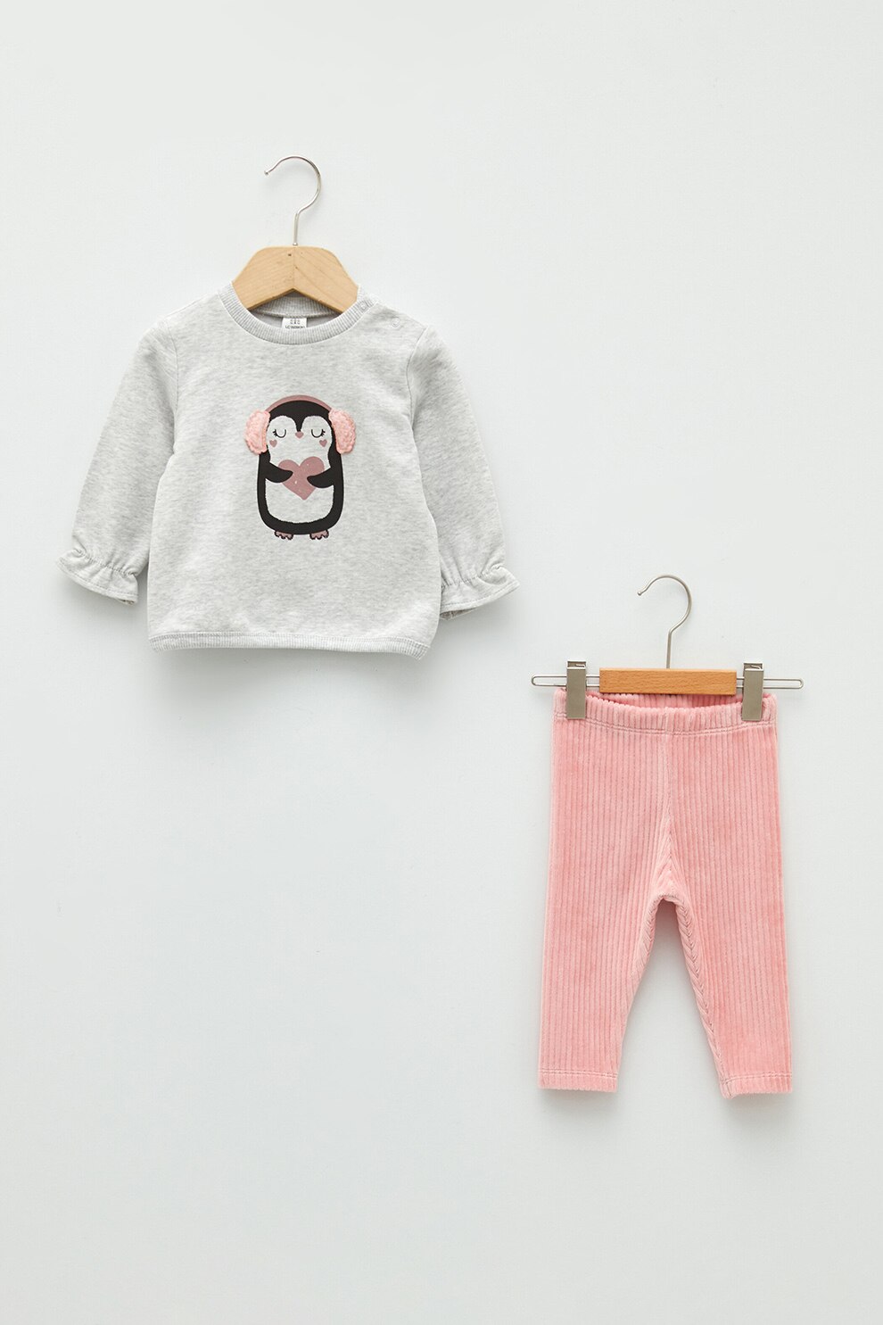 LC WAIKIKI, Set de colanti si bluza din amestec de bumbac, Gri melange/Roz