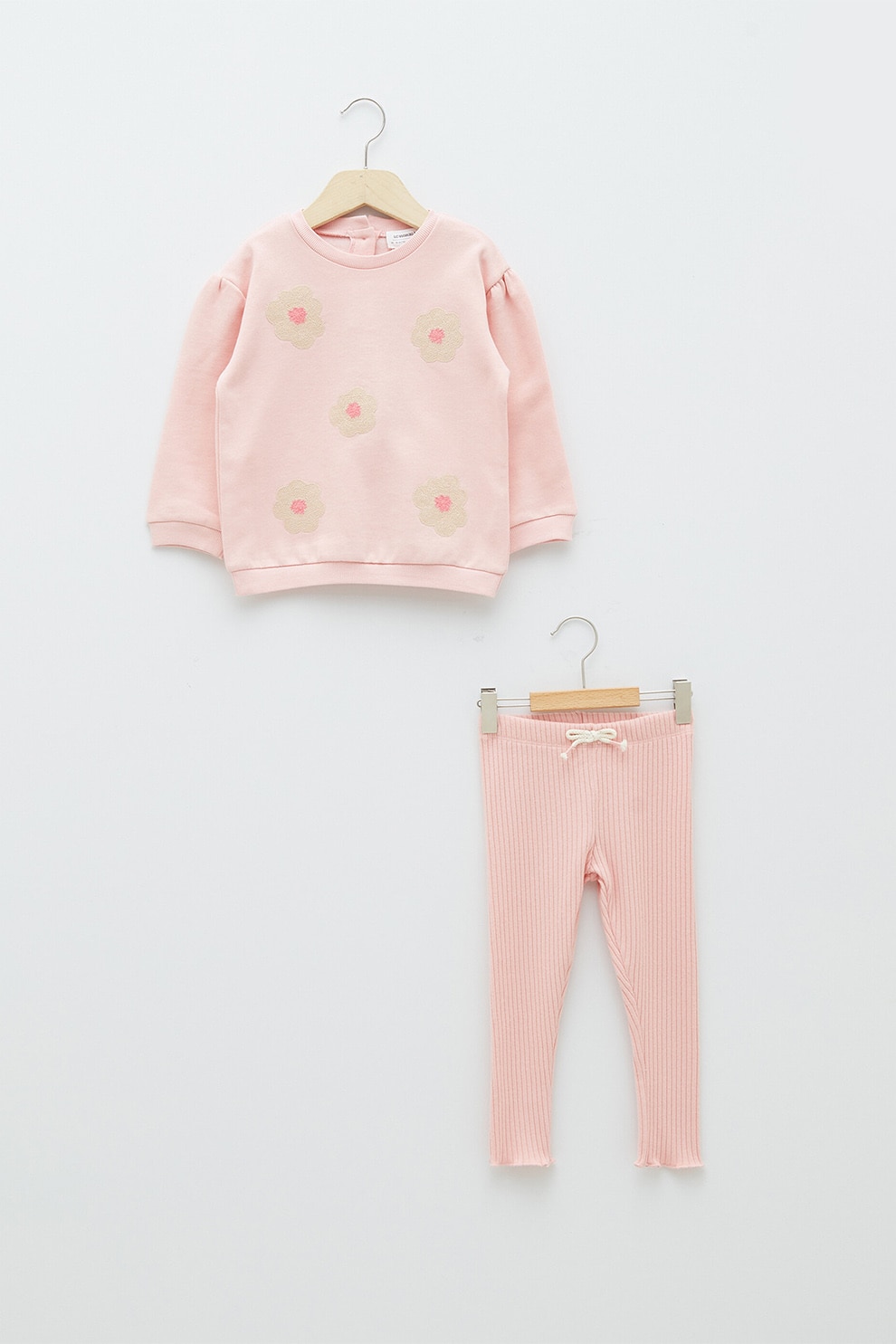 LC WAIKIKI, Set de colanti si bluza sport cu broderie florala, Roz