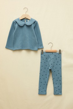 LC WAIKIKI, Set de colanti si bluza cu guler Peter Pan, Albastru petrol LC WAIKIKI, Set de colanti si bluza cu guler Peter Pan, Albastru petrol