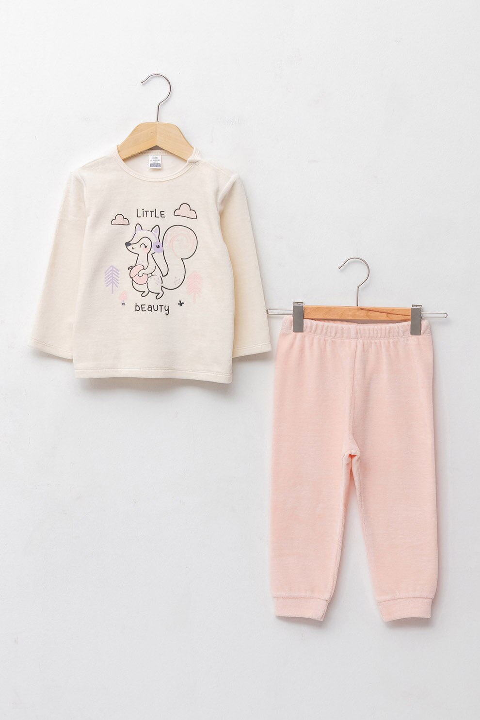 LC WAIKIKI, Pijama de catifea cu maneci lungi si imprimeu grafic&text, Bej/Roz
