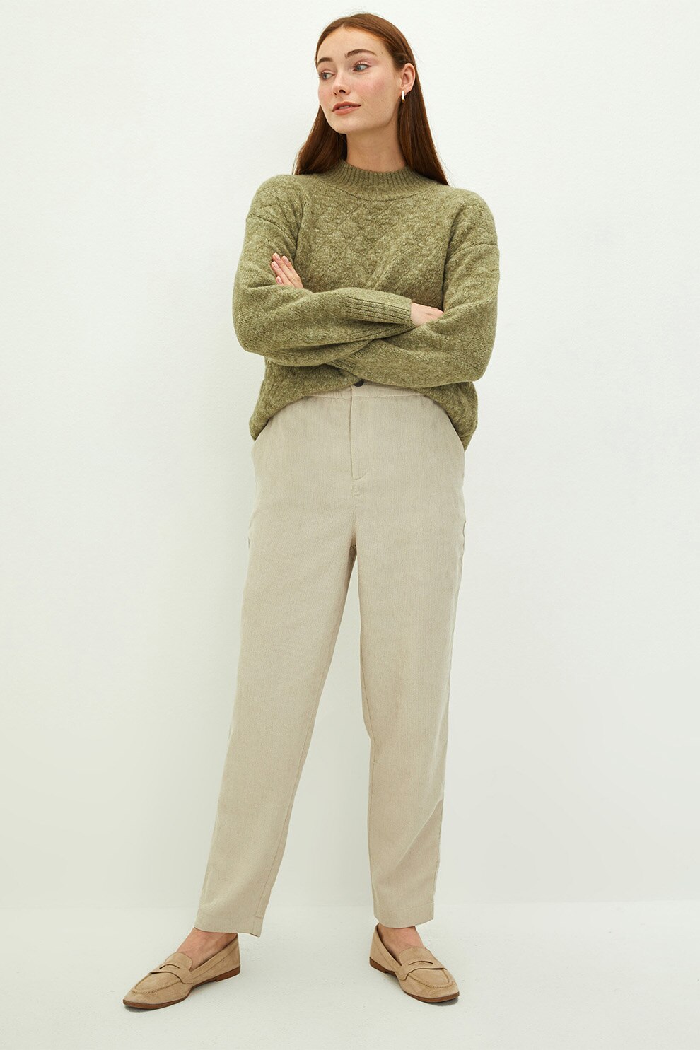 LC WAIKIKI, Pantaloni cu talie inalta si elastica, Alb prafuit