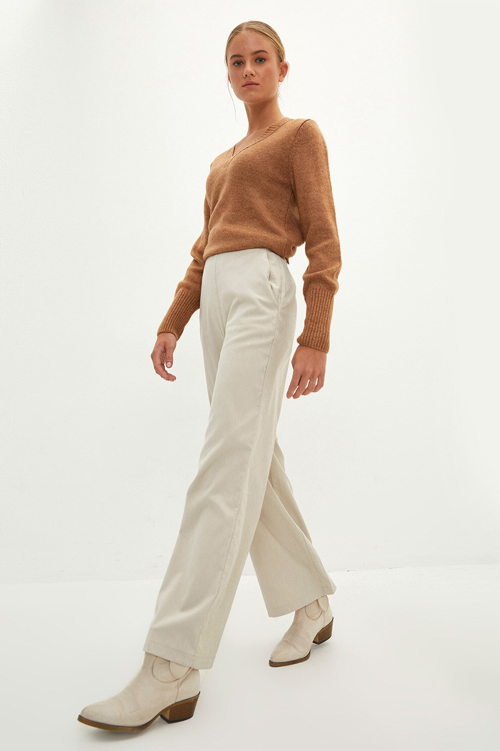 LC WAIKIKI, Pantaloni cu striatii si croiala ampla, Bej deschis