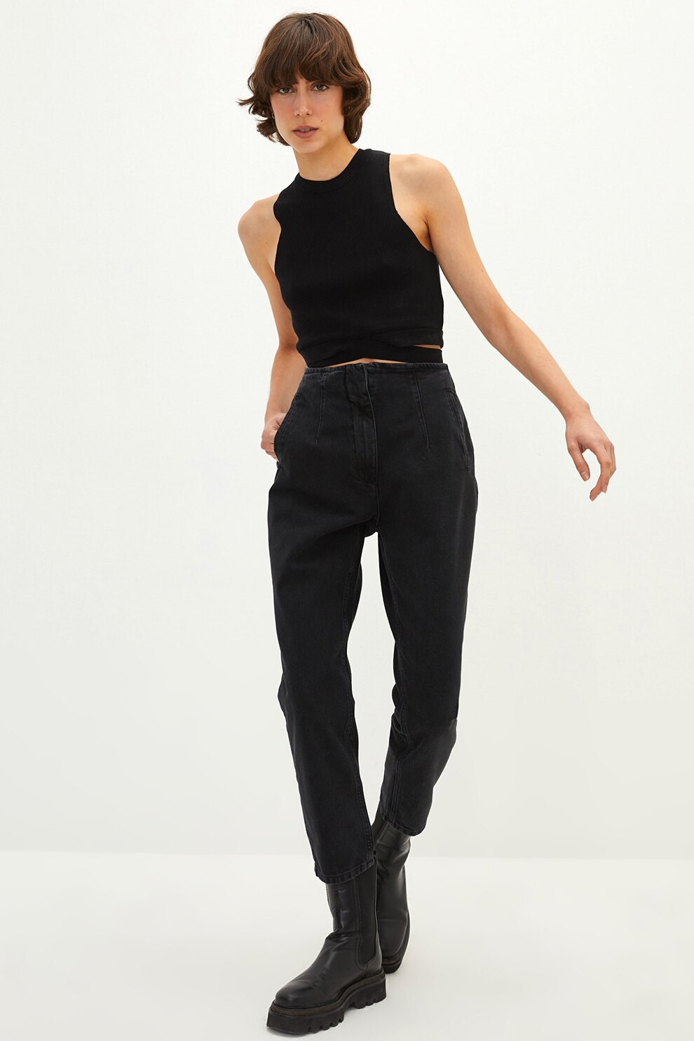 LC WAIKIKI, Blugi crop cu talie inalta, Negru