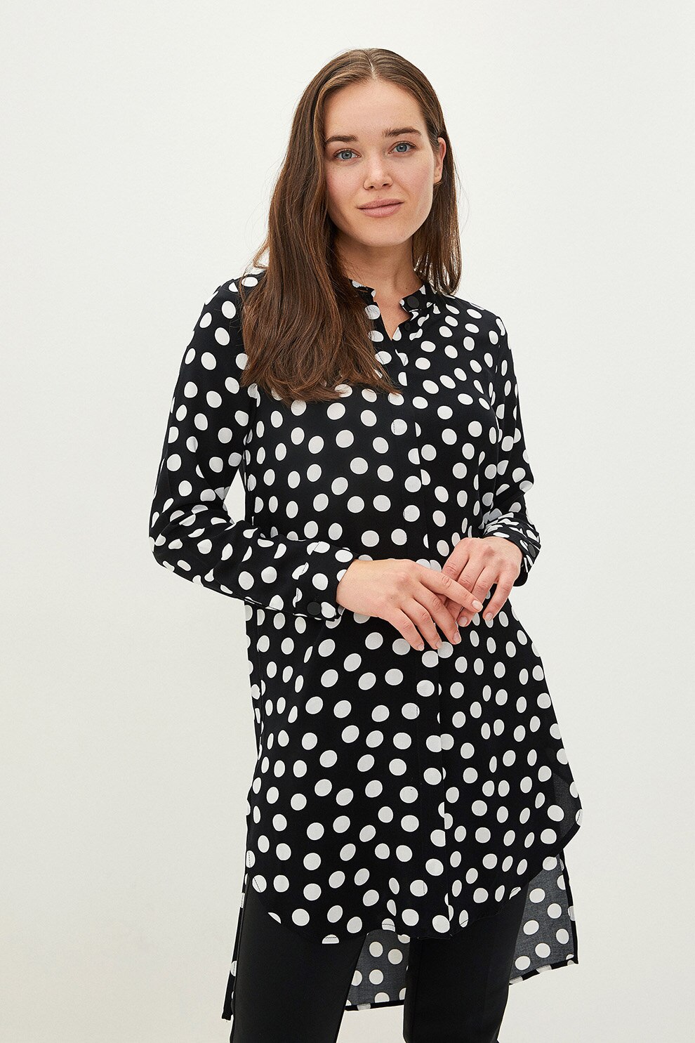 LC WAIKIKI, Camasa lunga cu model si terminatie asimetrica, Negru/Alb