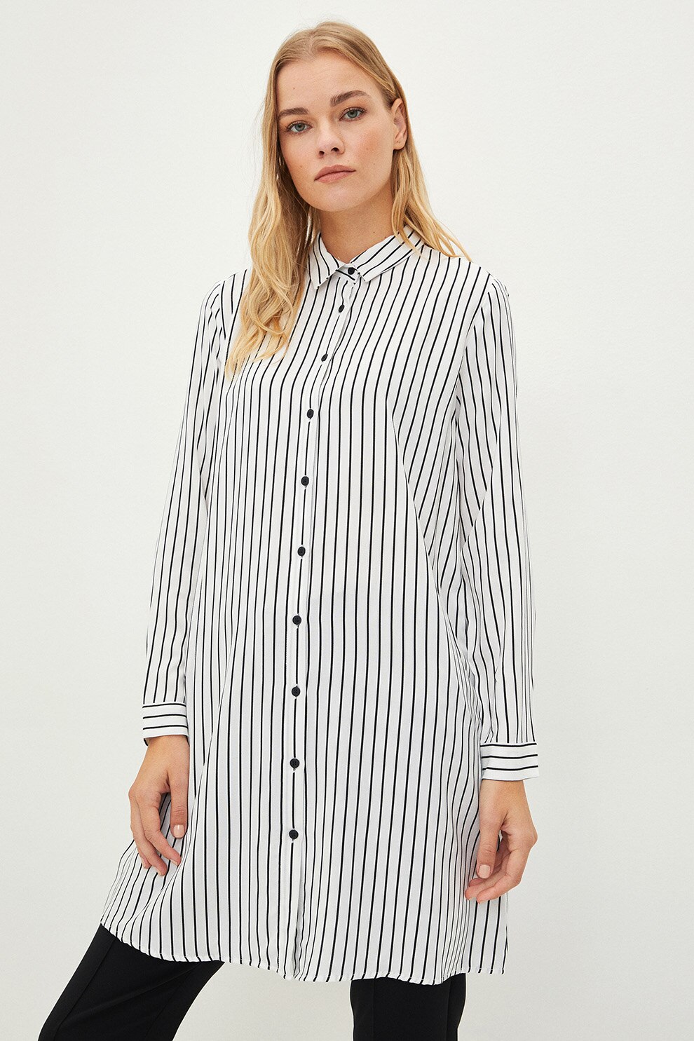 LC WAIKIKI, Camasa lunga cu model in dungi, Negru/Alb