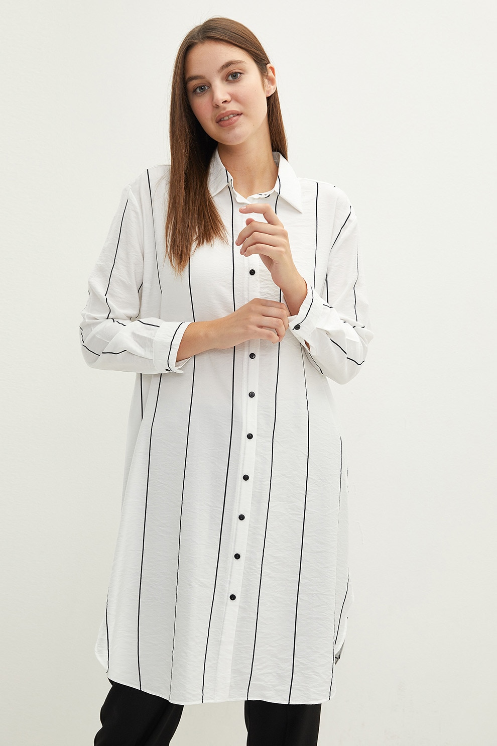 LC WAIKIKI, Camasa lunga cu model in dungi, Alb/Negru