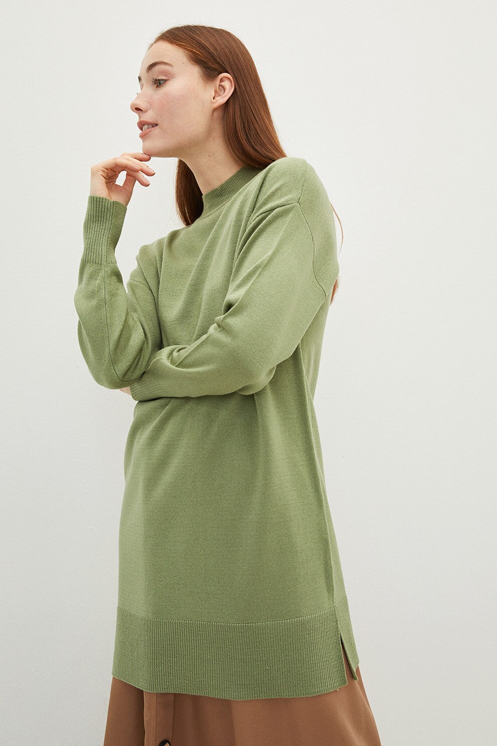 LC WAIKIKI, Pulover lung cu maneci cazute, Verde oliv