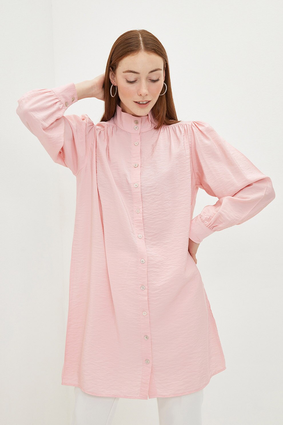 LC WAIKIKI, Camasa lunga texturata cu guler Mao, Roz pal