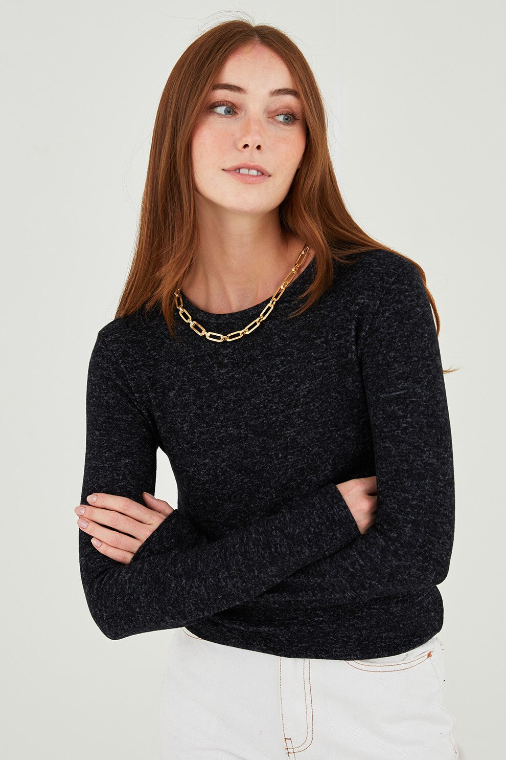 LC WAIKIKI, Bluza cu decolteu rotund, W13900Z8, Negru melange