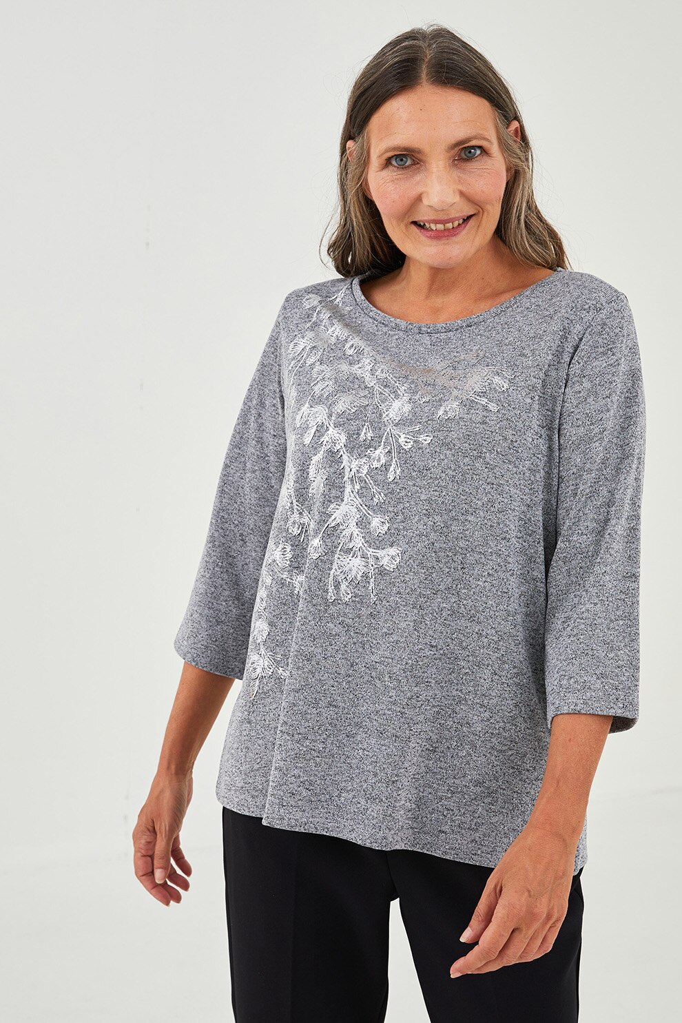 LC WAIKIKI, Bluza cu imprimeu grafic, Gri melange/ Alb, L