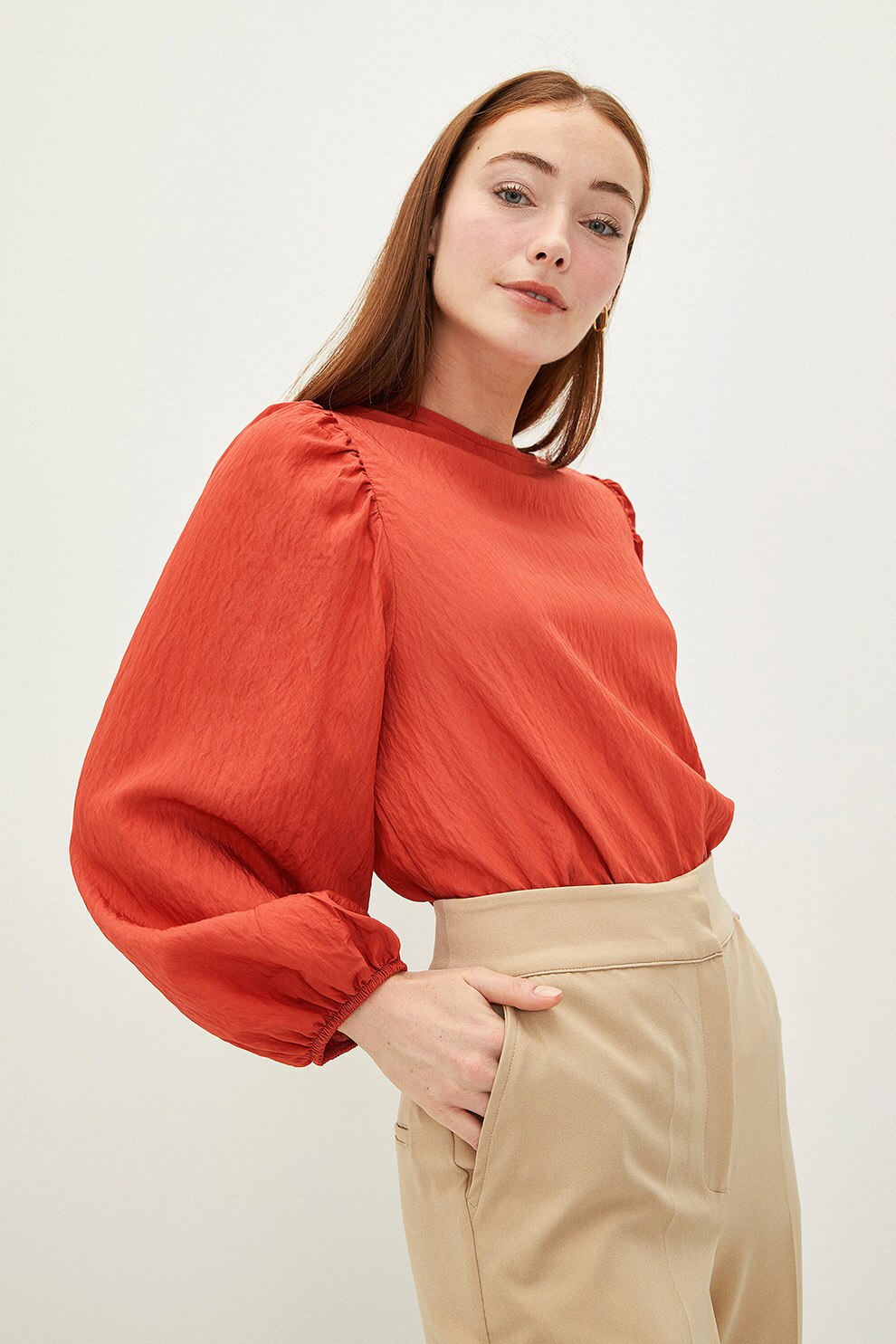 LC WAIKIKI, Bluza vaporoasa texturata cu maneci tip balon, Oranj mandarina