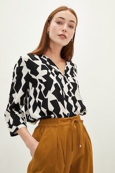 LC WAIKIKI, Bluza lejera cu model abstract, Negru/Alb LC WAIKIKI, Bluza lejera cu model abstract, Negru/Alb