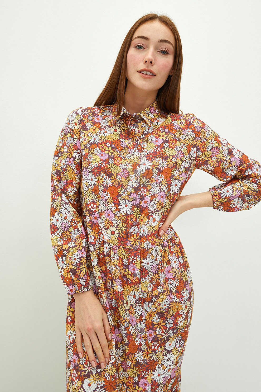 LC WAIKIKI, Rochie maxi evazata tip camasa cu imprimeu floral, Multicolora