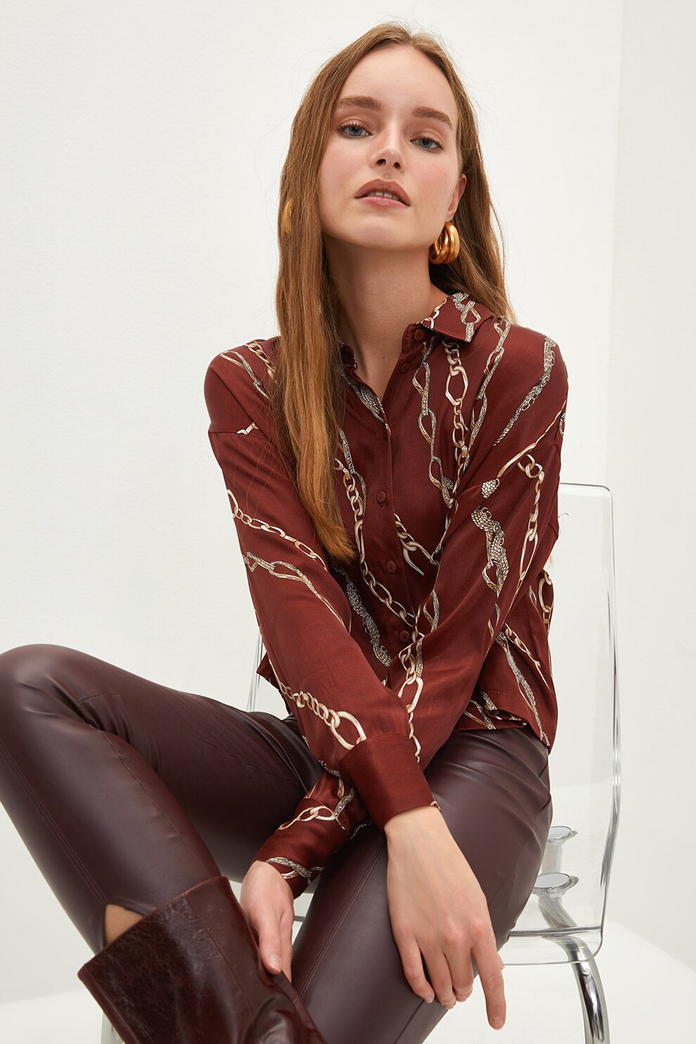 LC WAIKIKI, Camasa scurta cu imprimeu digital, Maro coniac/Alb