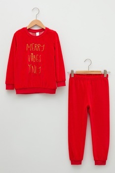 LC WAIKIKI, Pijama din catifea cu broderie text, Rosu vermilion LC WAIKIKI, Pijama din catifea cu broderie text, Rosu vermilion