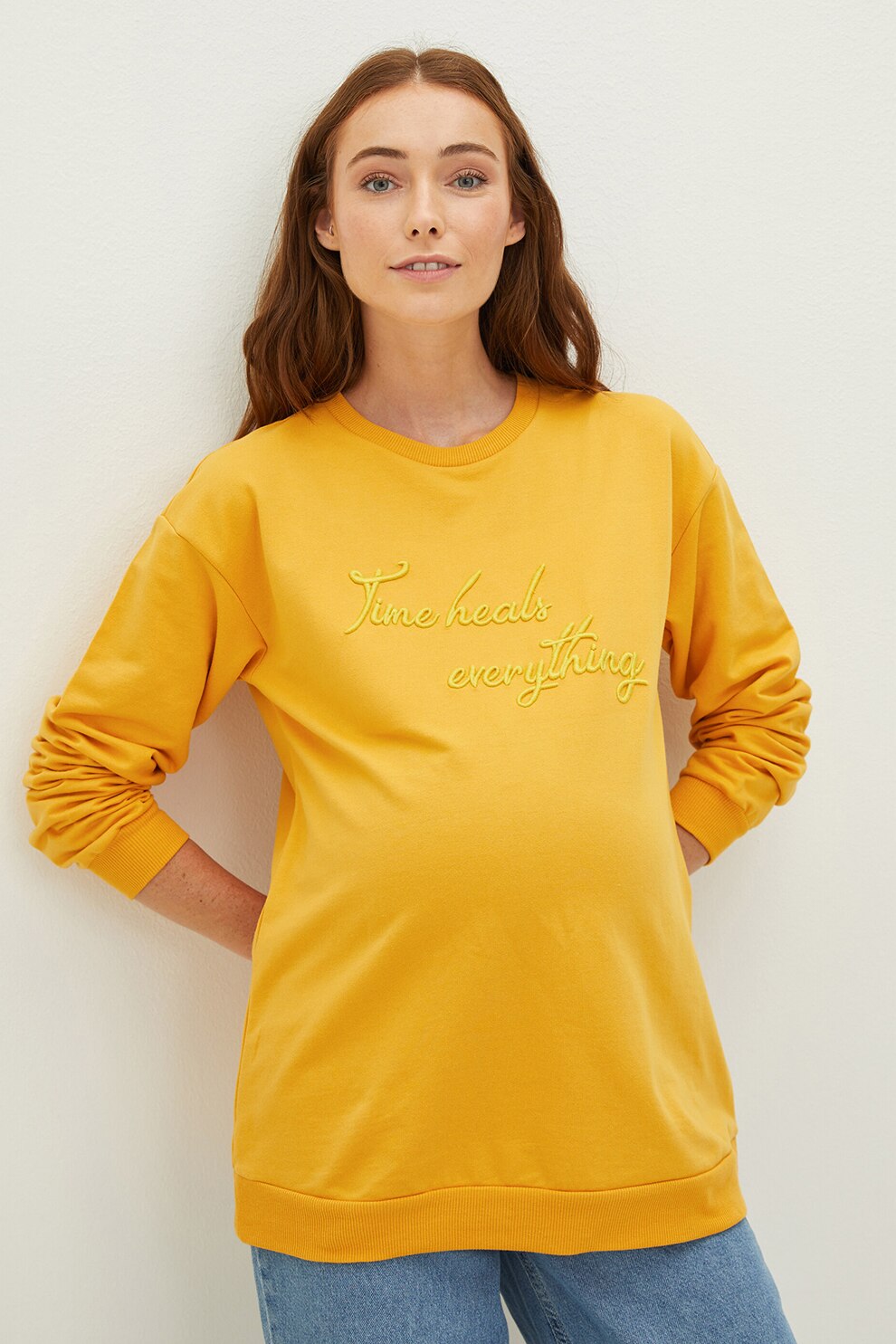 LC WAIKIKI, Bluza cu imprimeu text pentru gravide, Galben sofran, 3XL