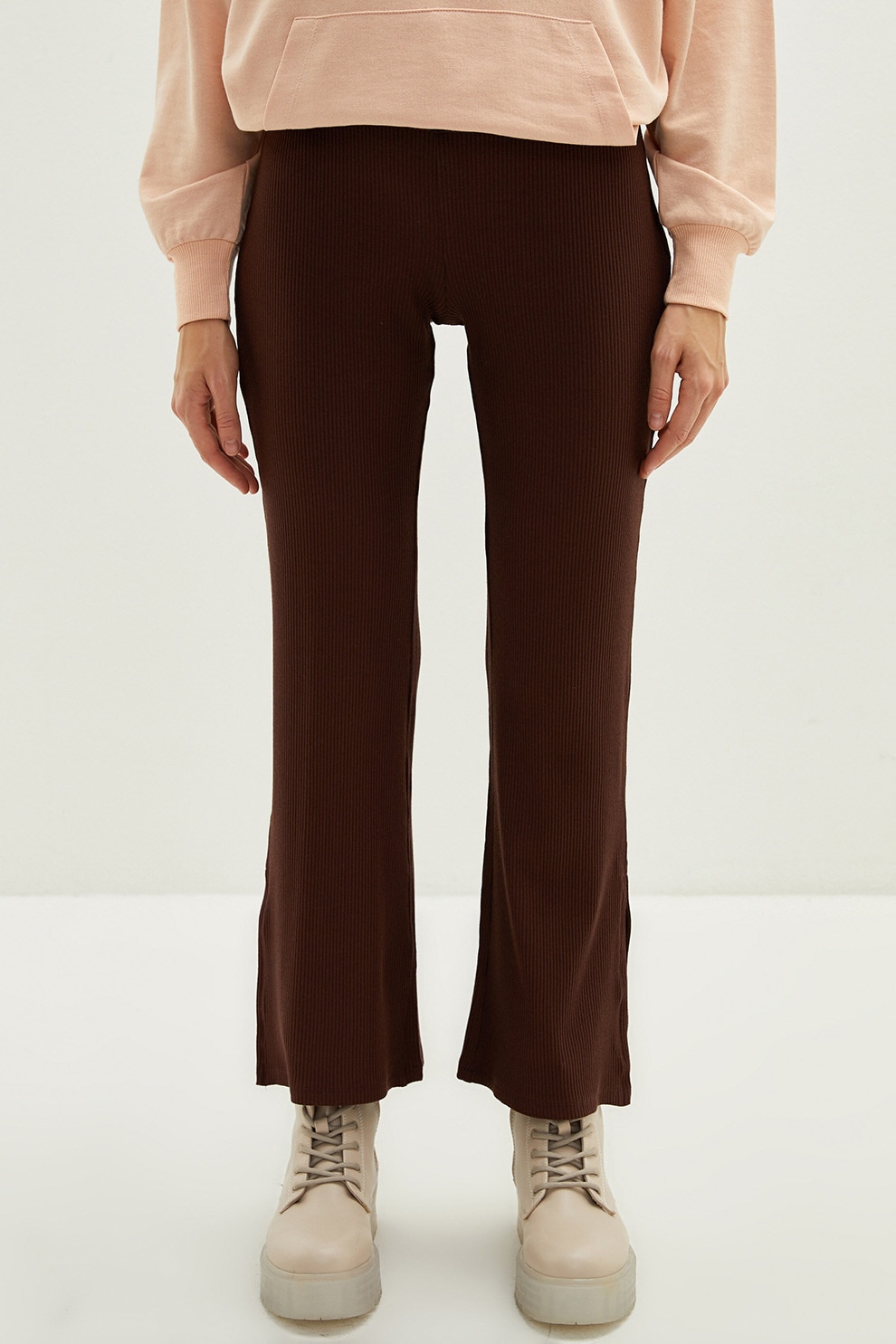 LC WAIKIKI, Pantaloni cu talie inalta si croiala bootcut, Maro inchis