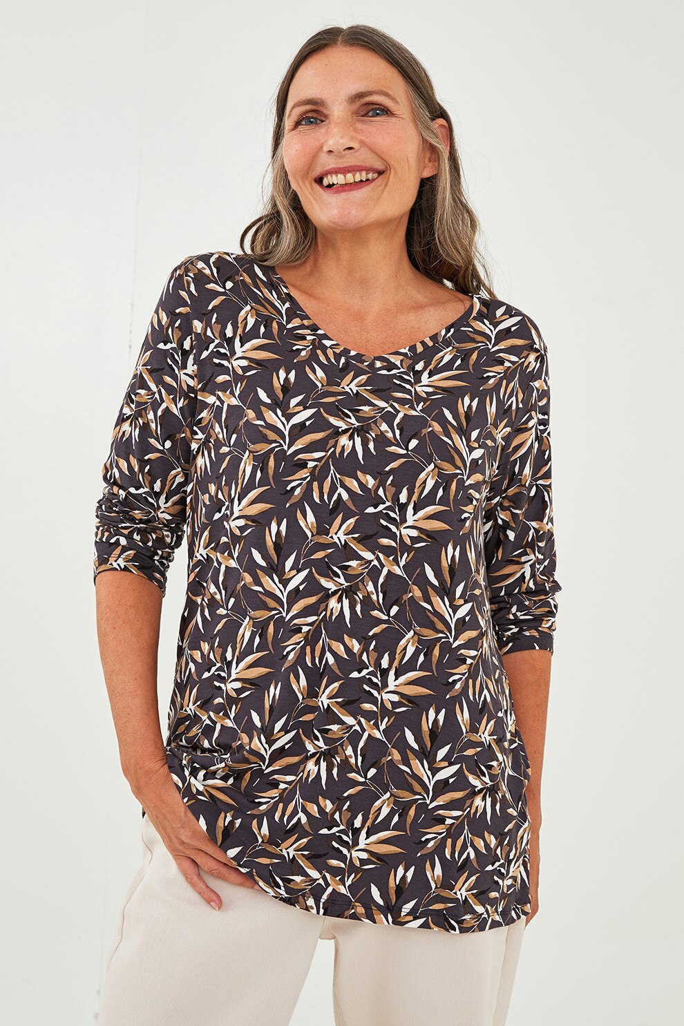 LC WAIKIKI, Bluza cu imprimeu si decolteu in V, Negru/Maro, M