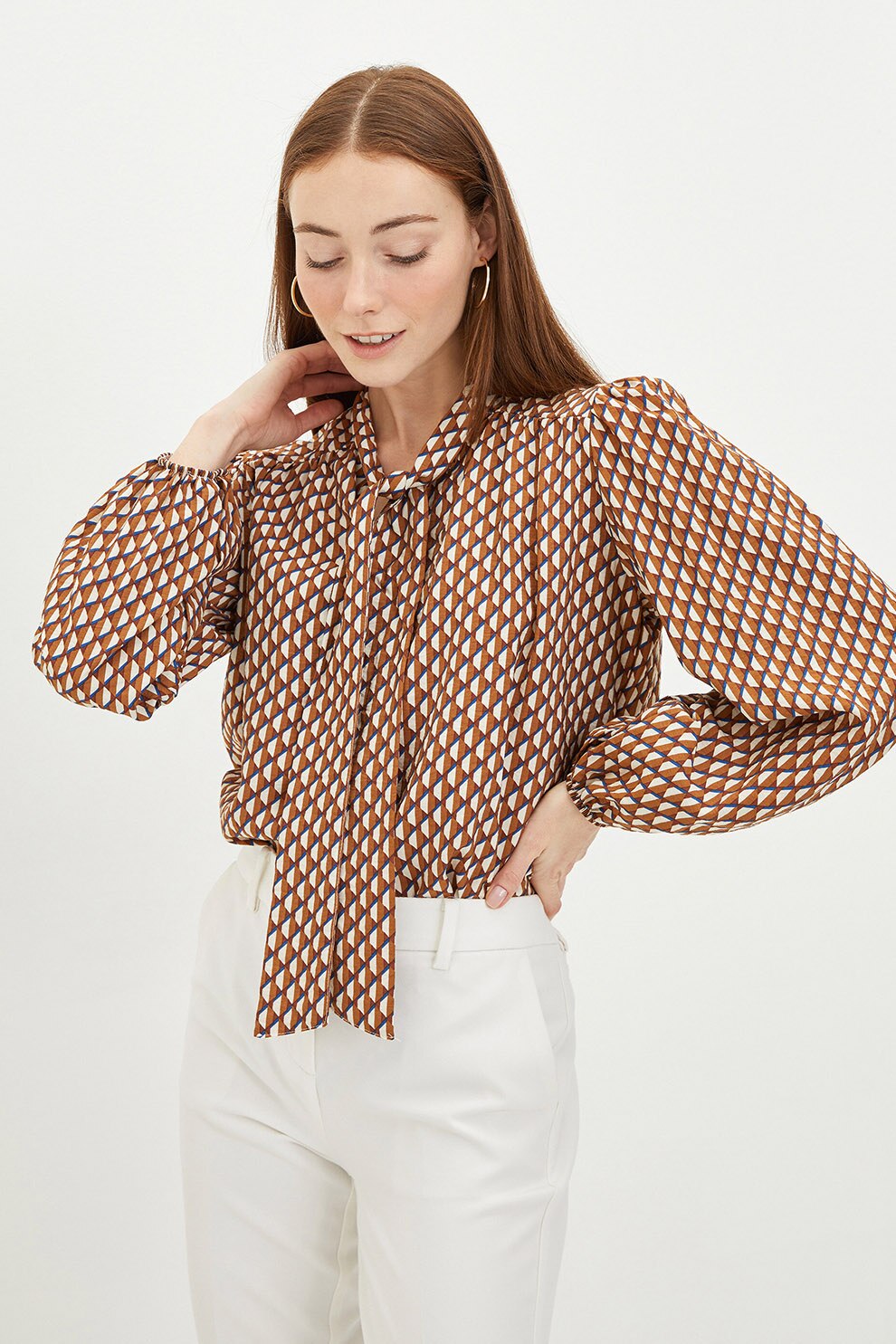 LC WAIKIKI, Bluza cu imprimeu si snururi de ajustare, Maro scortisoara/bleumarin/crem